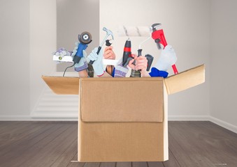Fototapeta premium a lot of hands with different tools leaving from a box in a room