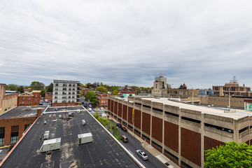 Aerial of historic downtown Lancaster, Pennsylvania with blooming trees