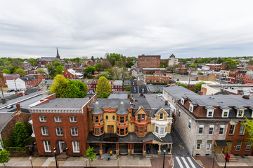 Fototapeta na wymiar Aerial of historic downtown Lancaster, Pennsylvania with blooming trees