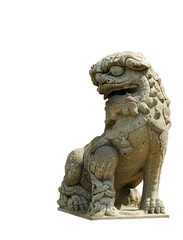 Lion sculpture in style Thai-Chinese arts, made from stone located in Thai and Chinese temples. The symbolic of protection and power. Solid white background.