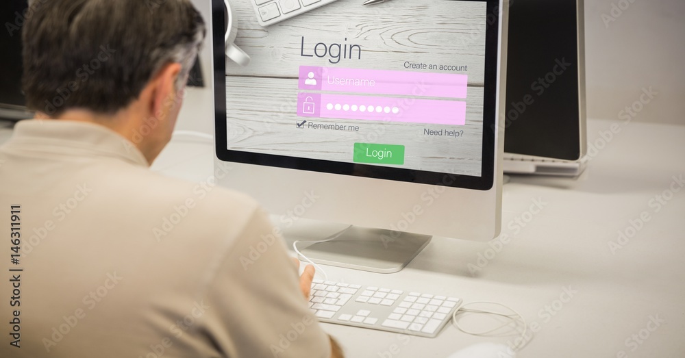 Poster rear view of businessman logging in on site using computer
