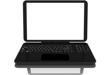 Computer portatile aperto nero su sfondo bianco..Monitor vuoto con spazio per testo..