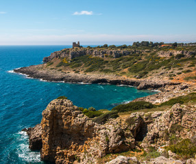 Watchtower near ionian sea (Uluzzo tower in Porto Selvaggio) Apulia, Salento, Italy