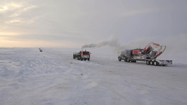 Drivers and birds at winter snow road in Russia, Tundra area, - 1