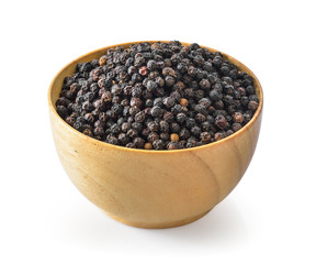 black pepper in wood bowl on white background