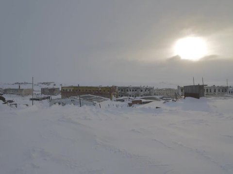 Tundra with Abandoned Buildings at winter, North of Russia