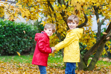 Two little best friends and kids boys autumn park in colorful clothes.