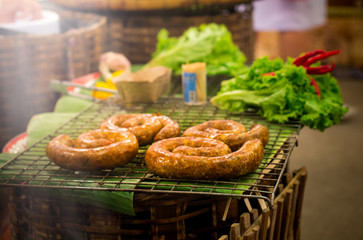 Out of focus  of  Sai ua Sausage favorite food in north of thailand