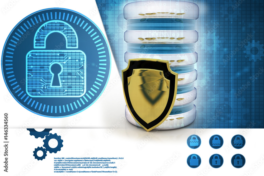 Poster 3d rendering database storage data base with protected shield