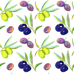 Black, Gold or blonde and Green Olive branches with fruits, seamless pattern design, hand painted watercolor illustration
