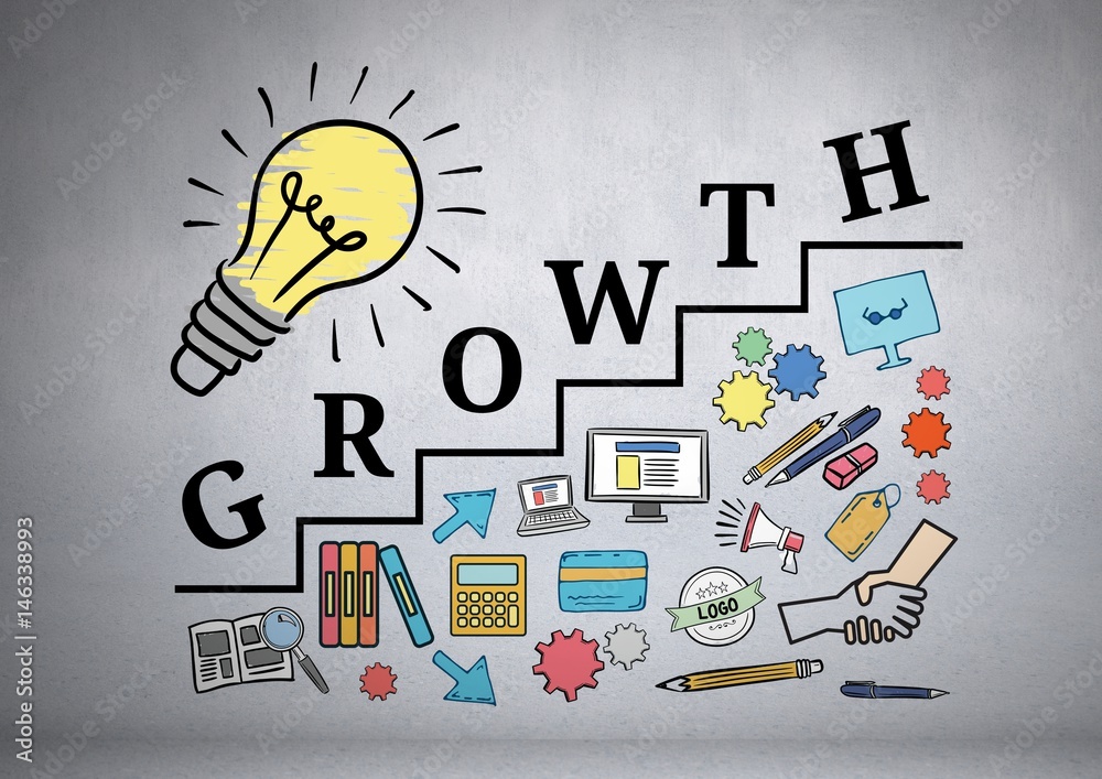 Fototapete colourful lightbulb with growth text with drawings graphics