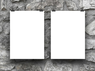 Two blank frames against gray stone wall background