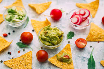Guacamole dip and tortilla chips