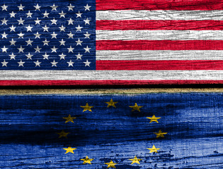 The wooden surface. Flags: USA, European union
