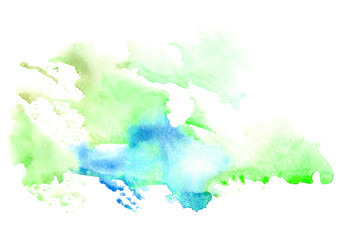 Obraz premium Blue and green watery illustration. Abstract watercolor hand drawn image.Wet splash.White background.