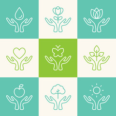 Obraz na płótnie Canvas Vector Set of Outline Signs. Caring Hands with Ecology, Charity, Freedom, Health and Wellness Theme