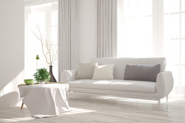 White modern room with sofa. Scandinavian interior design. 3D illustration