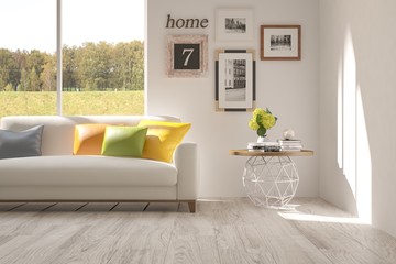 White room with sofa and green landscape in window. Scandinavian interior design. 3D illustration