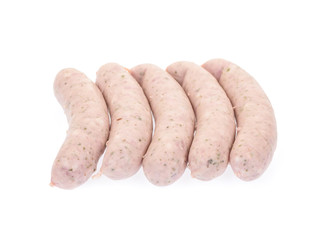 Raw pork sausages (weisswurst) on white background. 