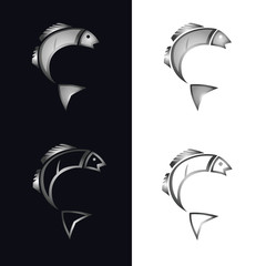 a stylized image of a silver fish logo in the form of fish