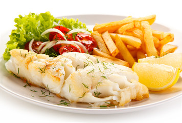 Fried fish fillet with french fries on white background