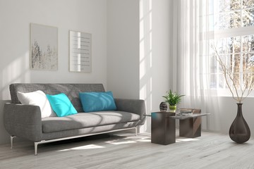 White room with sofa and winter landscape in window. Scandinavian interior design. 3D illustration