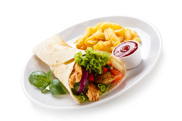 Tortilla wrap with french fries on white background