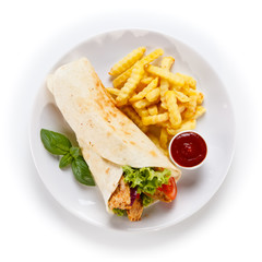 Tortilla wrap with french fries on white background