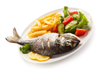 Fried fish with french fries on white background