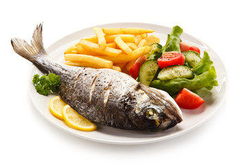 Fried fish with french fries on white background