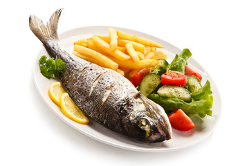 Fried fish with french fries on white background