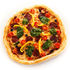 Pizza pepperoni with spinach isolated