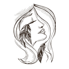 black silhouette of a girl in profile with feathers in her hair and eyelashes
