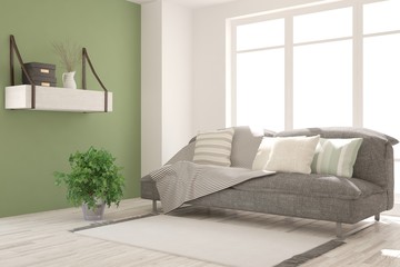 White modern room with sofa. Scandinavian interior design. 3D illustration