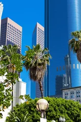 Zelfklevend Fotobehang LA Downtown Los Angeles Pershing Square palm tress and skyscrapers © _nastassia
