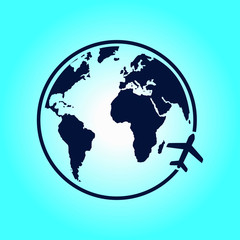 Airplane icon travel. Trip round the world. Flat design style.