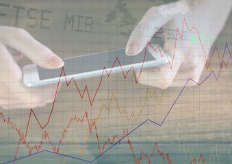 Hands with phone and graph overlay