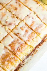 Lemon cake with kurds close-up view from above.