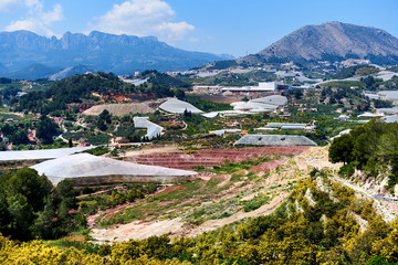 Valley with a mountains and hothouses in Spain