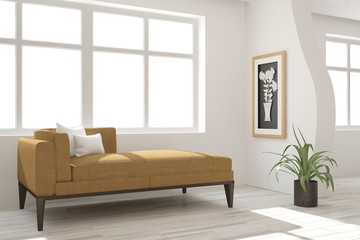 White modern room with sofa. Scandinavian interior design. 3D illustration