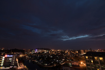 Background cityscape of Kota Kinabalu city at sunset, Malaysia.