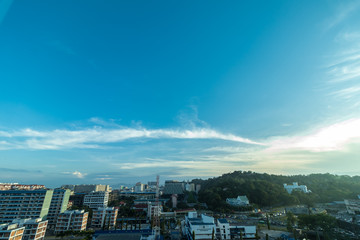 Background cityscape of Kota Kinabalu city at sunset, Malaysia.