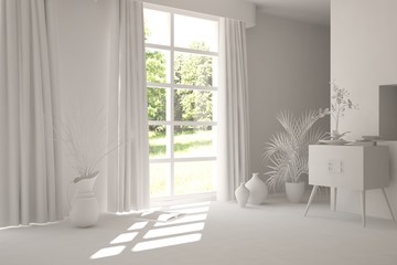 White empty room with green landscape in window. Scandinavian interior design. 3D illustration