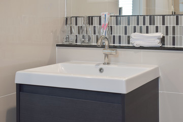 Lavatory and accessories.with mosaic wall under the mirror