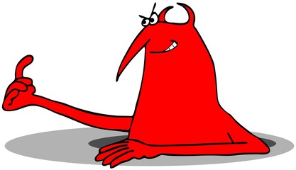 Illustration of a red devil peering out of a hole in the ground beckoning someone to come closer with a finger gesture.