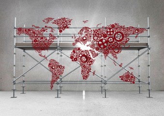 Red map and flare against scaffolding in grey room