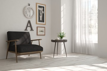 White modern room with armchair. Scandinavian interior design. 3D illustration