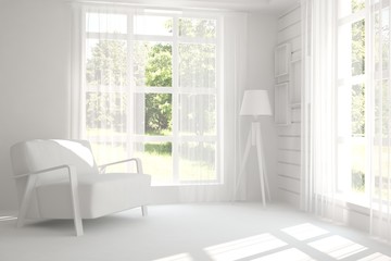 Plakat White room with armchair and green landscape in window. Scandinavian interior design. 3D illustration