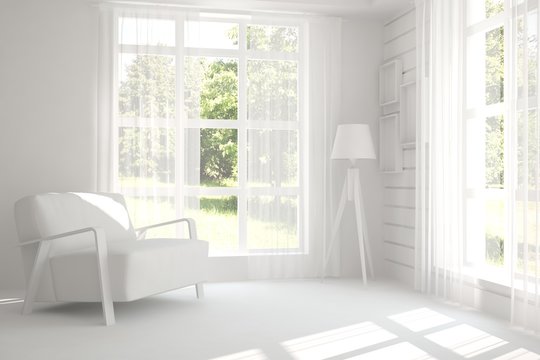 White room with armchair and green landscape in window. Scandinavian interior design. 3D illustration