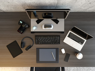Top view of graphic designer desktop with laptop, digital graphic tablet, DSLR camera, wireless headphone and keyboard. 3D rendering image.